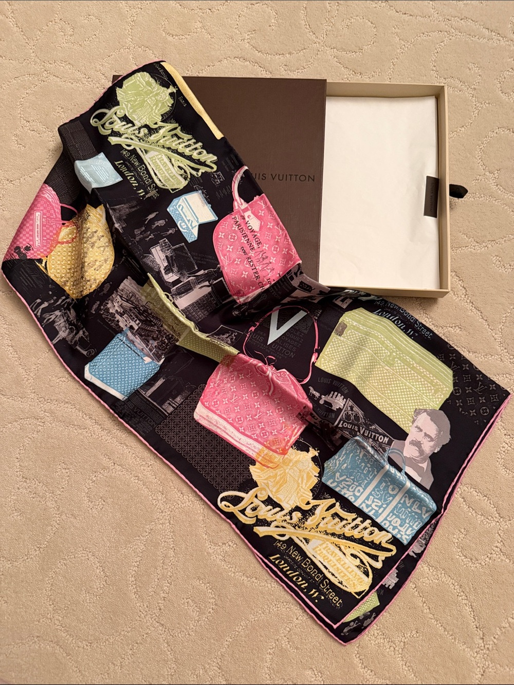 LIMITED EDITION Louis Vuitton Black Silk Scarf with Multicolor Luggage Motifs